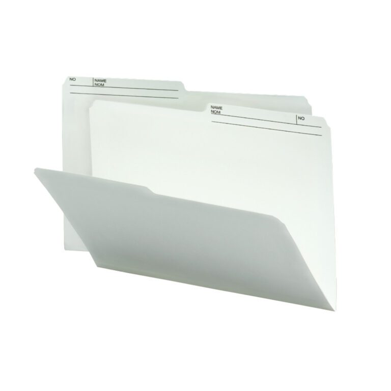 15146.jpg The Smead Reversible File Folder, legal-sized and ivory with 1/2-cut right printed tabs labeled Name and No., are slightly open to reveal their interior, showcasing a perfect blend of functionality and style against a plain white backdrop.