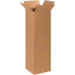 The MH-USA 15 x 15 x 48 tall corrugated box, in light brown, stands upright with slightly angled top flaps on a plain white background. Sold in bundles of 10, it’s ideal for securely packing various items.