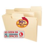The Smead SuperTab File Folder, Legal Size, features oversized 1/3-cut tabs boasting a circular 90% Larger Label Area label. A red and white sticker displays As Seen On Designing Spaces next to the Lifetime network logo.