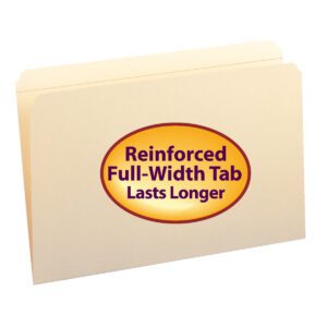 The Smead File Folder, legal size with reinforced straight-cut tab, features a text bubble on the front saying Reinforced Full-Width Tab Lasts Longer in bold purple over an orange gradient. Its ideal for large collections and conveniently packed with 100 per box (15310).