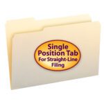 A manila Smead File Folder with a 1/3-cut tab left position features a center label on a yellow background with a purple border reading Single Position Tab For Straight-Line Filing. These folders are packaged 100 per box (15331).