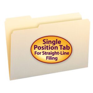 A manila Smead File Folder with a 1/3-cut tab left position features a center label on a yellow background with a purple border reading Single Position Tab For Straight-Line Filing. These folders are packaged 100 per box (15331).