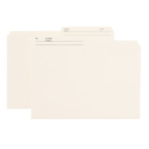 Two ivory Smead Reversible File Folders (15348) with 1/2-cut right printed tabs show No and Name in English and French, slightly overlapping on a white background.