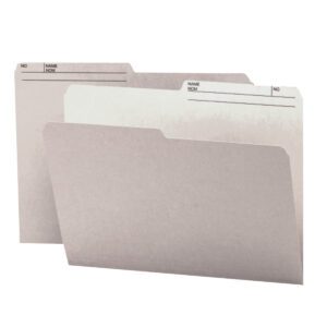 Two gray Smead Reversible File Folders, 1/2-Cut Tab, Legal Size (15363), labeled Name and No., appear slightly fanned out and empty against a plain white background, perfect for bulk organization with options available 100 per box.