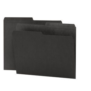 Two Smead Reversible File Folders, black and legal-size, are displayed upright against a white background. The folders, part of the 100 per Box (15364) set, feature 1/2-cut tabs for easy labeling, with one slightly overlapping the other.