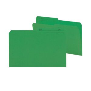 Two Smead Reversible File Folders in dark green, shown open and closed against a white background, highlight label lines on the tab for efficiently organizing legal-size documents.