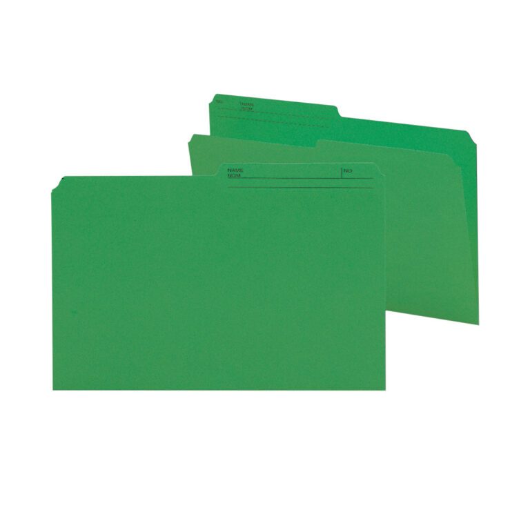 15367.jpg Two Smead Reversible File Folders in dark green, shown open and closed against a white background, highlight label lines on the tab for efficiently organizing legal-size documents.