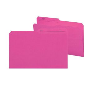 A pair of Smead Reversible File Folders, dark pink and legal-sized, with 1/2-cut tabs stand ready for labeling. One showcases its clean design against a white backdrop. These empty folders come in a box of 100 (15368).