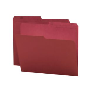 Two maroon Smead Reversible File Folders (1/2-cut tabs, legal size) stand upright against a white background, one slightly ahead of the other.