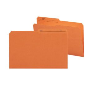 The Smead Reversible File Folders, legal-size and orange, have a 1/2-cut tab with lines for Name and No. at the top left. They come in packs of 100 per box (15370) and are great for organizing documents.