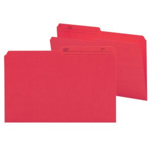 A set of three red Smead Reversible File Folders (15372), designed for legal-size documents, features 1/2-cut tabs on the top left. Labeled lines for Name and No, they are arranged fan-style with two folders stacked behind the front one, revealing neatly aligned tabs.