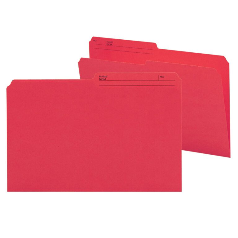 A set of three red Smead Reversible File Folders (15372), designed for legal-size documents, features 1/2-cut tabs on the top left. Labeled lines for Name and No, they are arranged fan-style with two folders stacked behind the front one, revealing neatly aligned tabs.