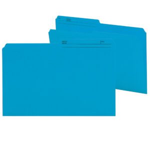 Two sky blue Smead reversible file folders with 1/2-cut tabs are shown. Each legal size folder has printed lines for Name, No., Date, and Sub. The folder on the left is slightly in front of the one on the right.