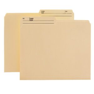 Two Smead WaterShed?/CutLess? file folders, resembling classic Manila style, are partially stacked. Each has lines marked NO and NAME. The 1/2-cut right printed tabs allow easy labeling. Perfect for organization, they come conveniently in a box of 100 (15390).