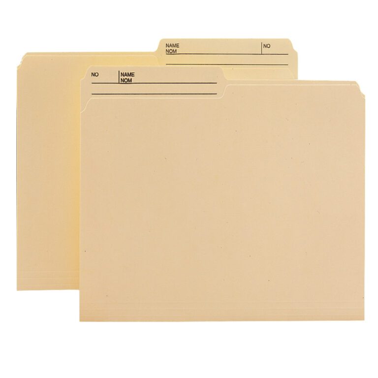 Two Smead WaterShed?/CutLess? file folders, resembling classic Manila style, are partially stacked. Each has lines marked NO and NAME. The 1/2-cut right printed tabs allow easy labeling. Perfect for organization, they come conveniently in a box of 100 (15390).