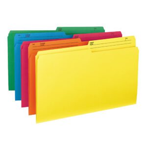 A set of Smead Reversible File Folders, legal size with 1/2-cut tabs, is showcased in vibrant shades of assorted colors, labeled with spaces for Name and No, featuring product code 15391.