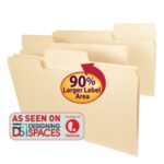 The Smead SuperTab File Folder (15395), with an oversized reinforced 1/3-cut tab and a 90% Larger Label Area circular label, is available in beige, legal size, and includes 100 folders per box. A logo indicates: As Seen on Designing Spaces, airing on Lifetime.