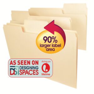 Image of three Smead SuperTab Heavyweight File Folders, legal size with oversized 1/3-cut tabs in beige. A red/yellow label states 90% larger label area, and a badge reads As Seen On Designing Spaces, featuring the Lifetime logo.