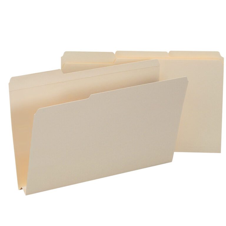 Two Smead File Folders, Manila and legal-sized (15405), are set against a white backdrop. One folder stands upright while the other leans, both featuring reinforced 1/3-cut tabs for easy labeling. They offer a 1-1/2 expansion and come in boxes of 50, perfect for organized storage.