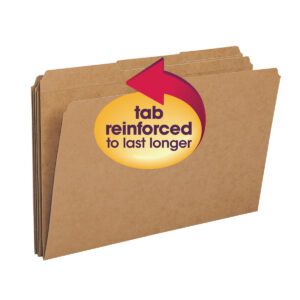 The Smead File Folder (15734) features a durable kraft finish with reinforced 1/3-cut tabs, designed for legal-size documents. A red arrow on the label highlights the reinforcement, ensuring lasting durability. Available in boxes of 100.