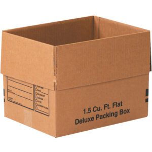 A brown cardboard box with open flaps reads 1.5 Cu. Ft. Flat Deluxe Packing Box and includes checkboxes for labeling, ideal for moving or storage. Its designed for convenience and organization as part of the MH-USA 16 x 12 x 12 Deluxe Packing Boxes (25/Bundle).