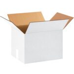 The MH-USA 16 x 12 x 12 White Corrugated Box is displayed open and empty against a white backdrop, highlighting its sturdy design and spacious interior.