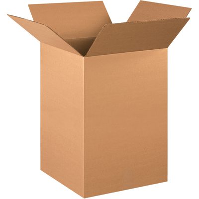 161626.jpg A large open MH-USA 16 x 16 x 26 tall corrugated box from a 10/bundle, with extended flaps, stands upright against a plain white background, showcasing its reliable design.