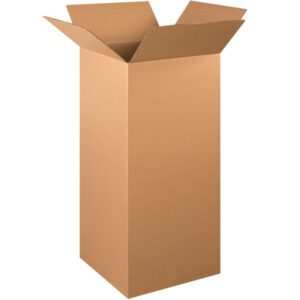 The MH-USA 16 x 16 x 36 Tall Corrugated Box is shown upright against a white background, its flaps open to reveal the natural cardboard texture. Available in bundles of 10, these boxes are ideal for storage and shipping needs.