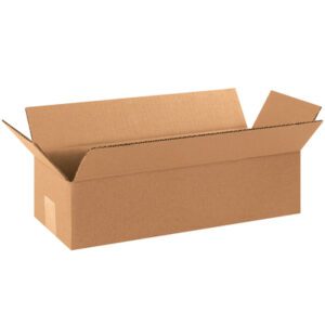 Against a plain white background, the MH-USA 16 x 6 x 4 Long Corrugated Box from a bundle of 25 has its flaps slightly raised.