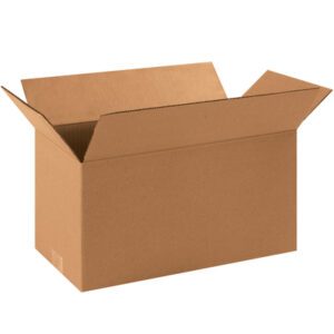The MH-USA 16 x 8 x 8 long corrugated box, featuring outward flaps, rests on a white background. This robust packaging is available in a bundle of 25, ideal for shipping and storage.