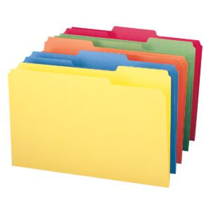 The Smead File Folder collection (16943) offers a set of six vibrant legal-size folders with 1/3-cut tabs in yellow, orange, blue, and two greens, arranged in a staggered stack against a white background. Perfect for easy labeling from the 100 per box assortment.
