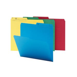 The Smead WaterShed?/CutLess? File Folders, with 1/2-cut tabs, come in vibrant blue, yellow, green, and red hues against a white backdrop. These legal-sized folders ensure durability and organization.