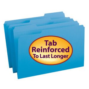 This box of 100 blue Smead File Folders (17034) is legal size with reinforced 1/3-cut tabs. The front folder has an oval yellow label bordered in purple, stating Tab Reinforced To Last Longer in bold purple letters.