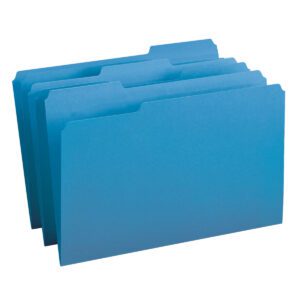 Four blue Smead File Folders (1/3-Cut Tab, Legal Size, 17043) are seen in a staggered upright formation. Tabs at the top of each folder allow for labeling. The image presents them in an orderly fashion against a simple white background.