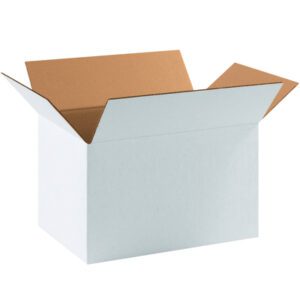 An open MH-USA 17 1/4 x 11 1/4 x 10 white corrugated box, with a natural brown interior, stands with raised flaps against a plain white background. This sturdy box is part of a convenient bundle of 25.