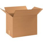 An open MH-USA 17 1/4 x 11 1/4 x 14 1/4 corrugated box with extended flaps against a white background shows the durable cardboard used for packaging or shipping, available in bundles of 20.