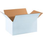 The MH-USA white corrugated boxes, 17 1/4 x 11 1/4 x 8, come in a bundle of 25 with an unfolded design showing a brown interior against a plain backdrop.