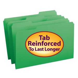 Three green Smead file folders (17134) with reinforced 1/3-cut tabs promise durability. The front folder has a yellow oval label with purple text: Tab Reinforced To Last Longer. Ideal for organization, these legal-size folders ensure longevity in any project.