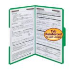 A Smead Fastener File Folder (part number 17140) displays two document pages with handwritten entries. The legal-size, green folder features a reinforced 1/3-cut tab for durability and comes in boxes of 50.