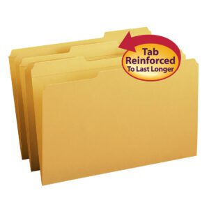 Explore the Smead File Folder in vibrant goldenrod with reinforced 1/3-cut tabs, ensuring durability. A bold red and yellow right-side label highlights this feature. Available in legal size packs, each box contains 100 folders (17234).