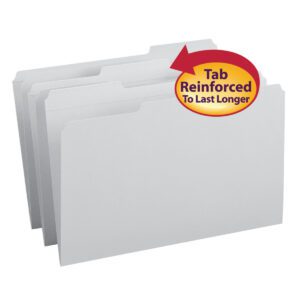 The Smead File Folder, Reinforced 1/3-Cut Tab, Legal Size, in gray (box number 17334), includes a red and yellow Tab Reinforced to Last Longer label and is available in boxes of 100.