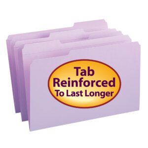 Three lavender Smead File Folders (17434) with reinforced 1/3-cut tabs are displayed, featuring a yellow oval label Tab Reinforced To Last Longer. Legal-sized and boxed at 100 per pack, they ensure durability and organization for your documents.