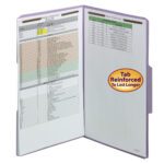 Displaying documents with tables and text, the open Smead Lavender File Folder features visible reinforced 1/3-cut tabs at the top and side with a Tab Reinforced to Last Longer sticker. It has 2 fasteners for secure organization. Available in legal size, 50 per box (17440).
