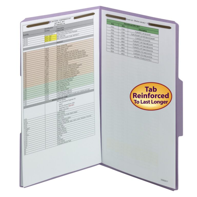 Displaying documents with tables and text, the open Smead Lavender File Folder features visible reinforced 1/3-cut tabs at the top and side with a Tab Reinforced to Last Longer sticker. It has 2 fasteners for secure organization. Available in legal size, 50 per box (17440).