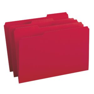 Four Smead File Folders (17743), in vibrant red, with 1/3-cut tabs and legal size, stand vertically staggered against a plain white backdrop.