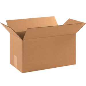 A MH-USA 17 x 7 x 7 Long Corrugated Box from a 25/bundle set stands open, flaps outward against a white background, showcasing its plain brown, utilitarian design and empty interior.