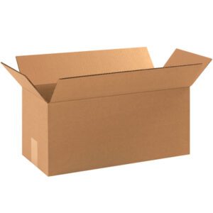 An open, empty MH-USA 17 x 8 x 8 long corrugated cardboard box is displayed with extended flaps against a plain white background. Sold in bundles of 25, this brown rectangular box is ideal for shipping or storage.
