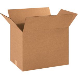 An open MH-USA 18 x 12 x 14 corrugated box from a 25-pack bundle, crafted from sturdy brown material with slightly angled flaps, is elegantly set against a plain white background.