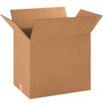A side view of an open, empty MH-USA 18 x 12 x 16 corrugated box, part of a 25-per-bundle set, against a plain white background. Its flaps are outstretched to showcase its sturdy construction.