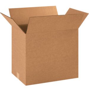 A side view of an open, empty MH-USA 18 x 12 x 16 corrugated box, part of a 25-per-bundle set, against a plain white background. Its flaps are outstretched to showcase its sturdy construction.